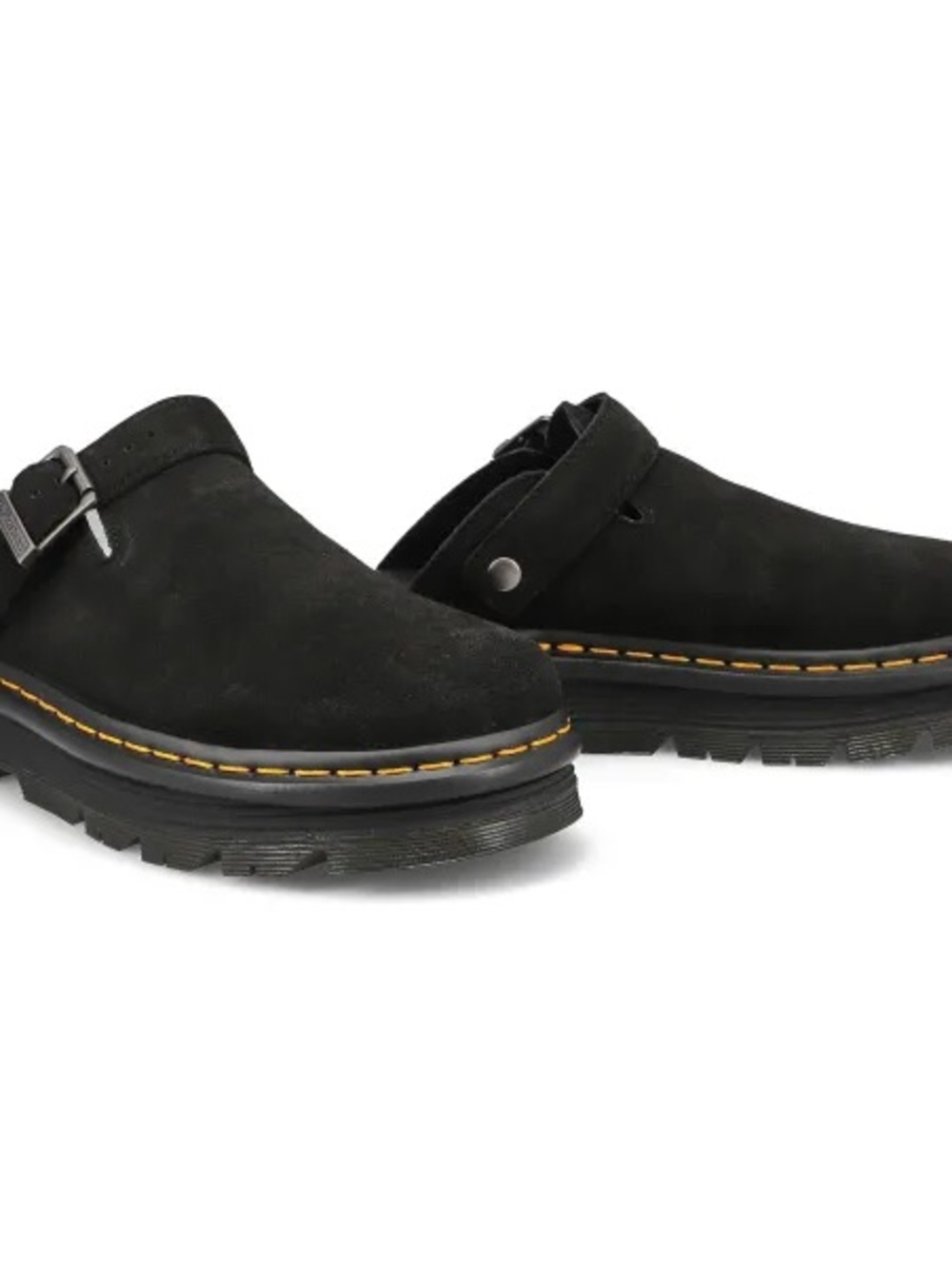 Dr. Martens Black Suede Clog Mules with Yellow Stitching